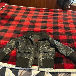 Black Yoki Faux Leather Jacket with Ribbed Trim